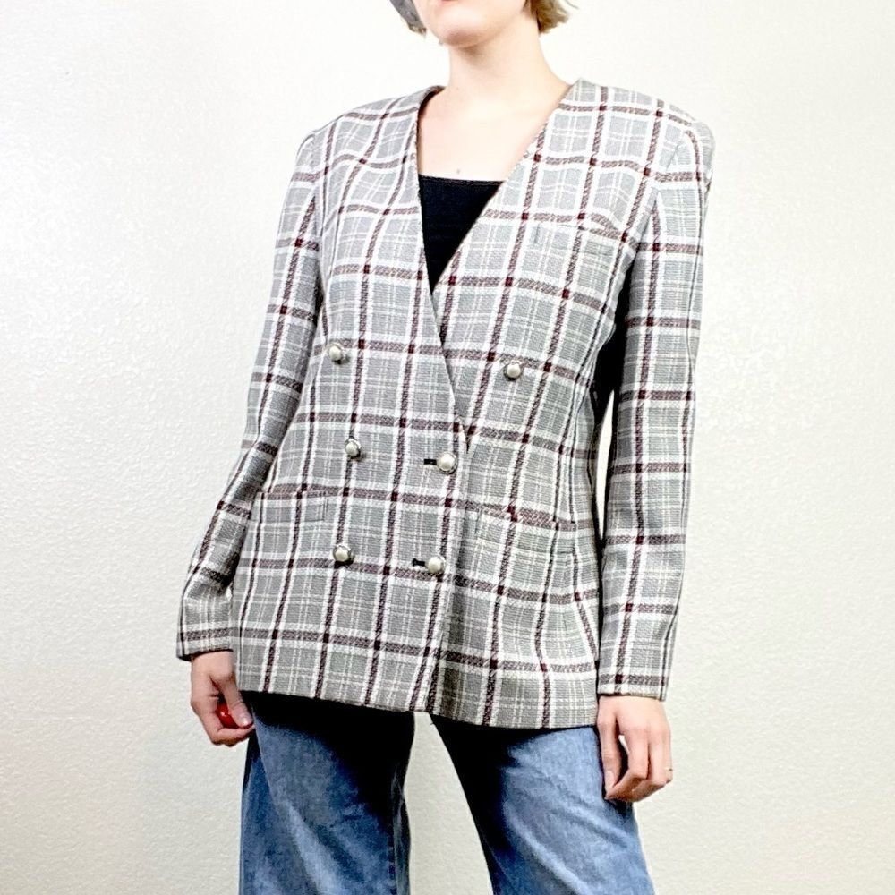 Vintage Executive Collection White & Red Plaid Pearl Button Blazer Jacket